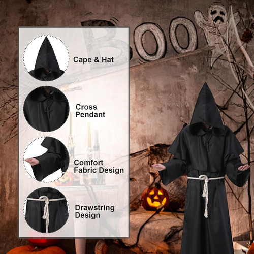 Túnica Medieval De Monje Sacerdote Para Halloween Con Diseño Negro L