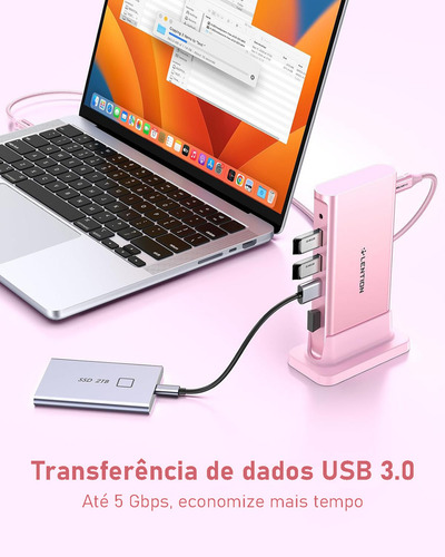 Adaptador Hub Usb C P Lention Dockstation 9 Em 1 4khdmi 3*usb3.0 100w Carregamento Rápido Rj45 Cor Rosa