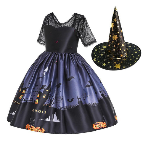 Halloween Vestido Infantil De Satén Con Estampado De Dibujos Animados Calabaza Spooky