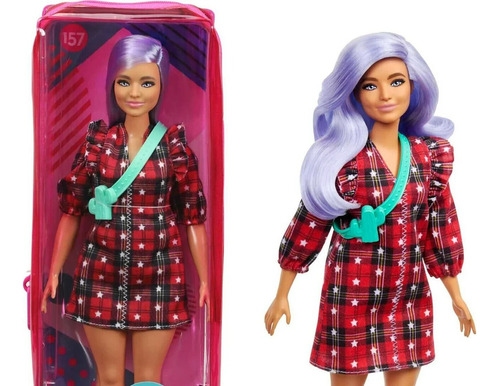 Barbie Fashionista #176 Curvy-pelo Lavanda/vestido A Cuadros