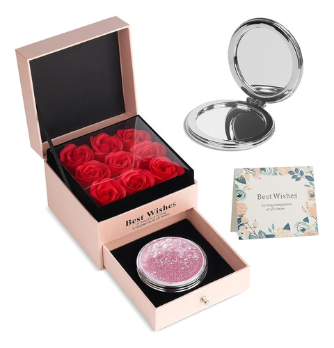 Preserved Rose Gift Box With Mirror Compact For Women, Wife,