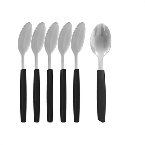 Conjunto 6 Colheres De Chá Aço Inox Com Cabo Pvc Preto Multiuso Profissional Cor Preto