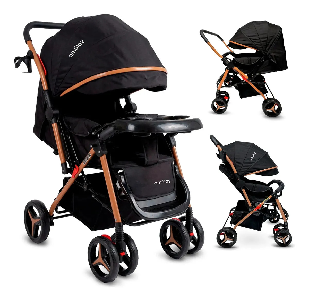Carriola Amulay Modelo Tilo Reversible Plegable, Con Ruedas Con Freno Y Amortiguación Ultra Ligera Color Negro