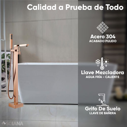 Solana Kit Tina De Baño Rectangular De Acrílico Slim 170x80x60 Cm + Grifo Independiente Monomando Gold Rose / Bañera Rectangular Blanco Alto Brillo Kit Completo Blanco/goldrose Para Cuarto De Baño