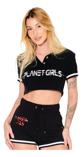 Blusa Cropped Polo Letreito Paetê Planet Girls