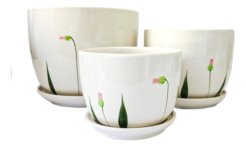 Set De Tres Maceteros Blancos Diseño Flores Verdes