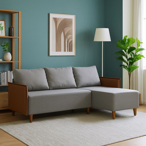 Pufe Sofa De Canto 3 Lugares Moderno Braço De Courino Marrom