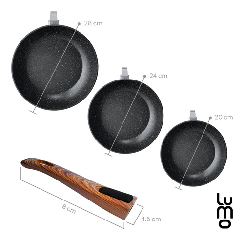 LUMO HOME Sarten Juego 3 Sartenes Antiadherente 20 24 28 Cm Marmol Negro, Granito Tecnologia Alemana 100% libre de PFOA, para estufa de inducción, gas o eléctrica, Set 3 piezas Mango Retractil hornos
