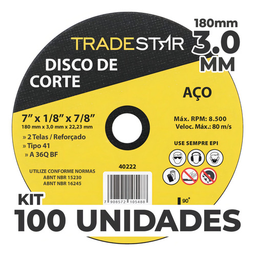 Kit Com 100 Disco De Corte Metal 7 180x3,0 Mm Furo 22/23 Mm