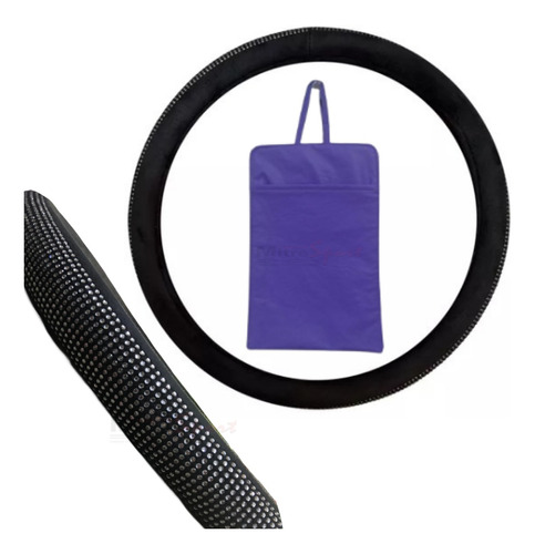 Cubre Volante De Pana Negro Con Brillos + Bolsita Violeta