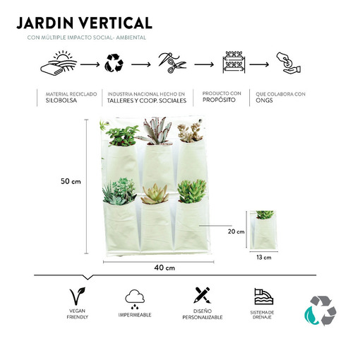 Imagen 2 de 10 de Macetero Jardín Vertical Con Drenaje 6 Bolsillos Reciclable