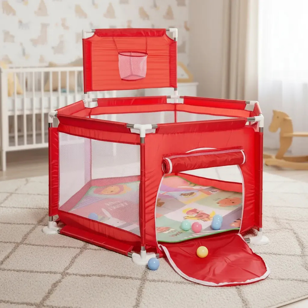Corralito Para Bebe Gimnasio Didáctico + Pelotitas Love 881 Color Rojo Diseño De La Tela Liso