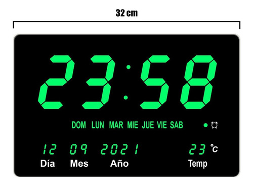 Reloj De Pared De Led Calendario Termometro 32x23cm