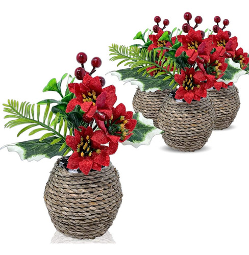 4 Flor Roja Navidad Maceta Decorativa - Decoracion