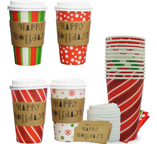 Tazas De Papel Desechables De Navidad De 16 Oz Con Tapas De