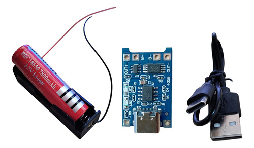 Porta Bateria + Pila 18650 + Modulo Tipo C + Cable Usb C 