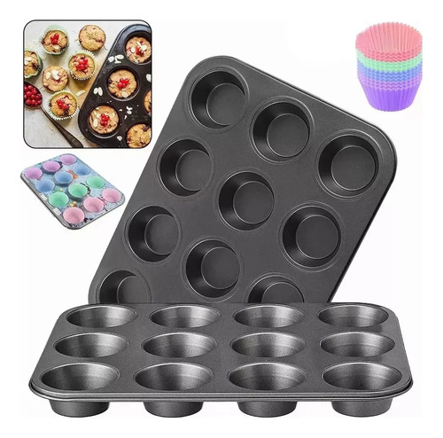 Molde Antiadherente 12 Cupcake + 12 Capacillos De Silicona Multicolor