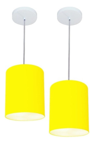 Kit/2 Lustre Cilindrico Md-4012 Cupula Tecido 18x25 Amarelo 110v/220v