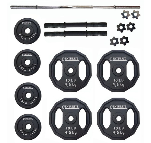 Pesas Set Barra Recta Mancuernas Polietileno Discos 50 Lbs Color Negro