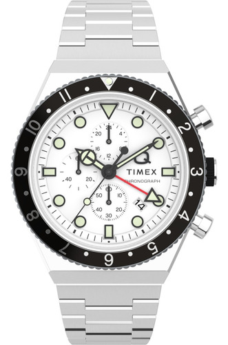 Reloj Timex Q Tw2v69900 Hombre Three Time Zone Chronograph Color de la malla Plateado Color del bisel Negro Color del fondo Blanco