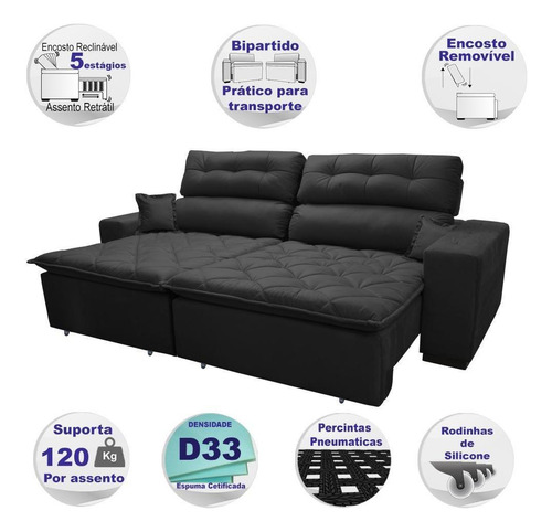 Sofá 2,02m Retrátil E Reclinável Cama Inbox Confort Preto