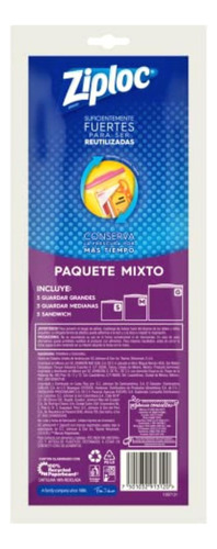 Ziploc Bolsas Reutilizable, Paquete Mixto, Cont. 9 Piezas, 3