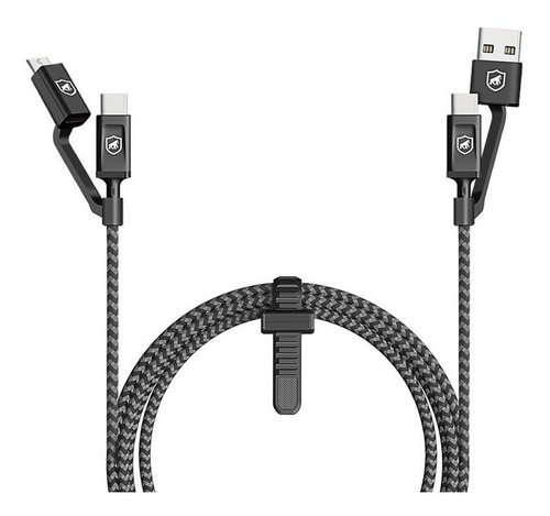 Cabo Carregador Rápido 4 em 1 Defender 33W Tipo C para USB C com Adaptadores Micro USB V8 + USB A 1,5m Gshield Cor Preto