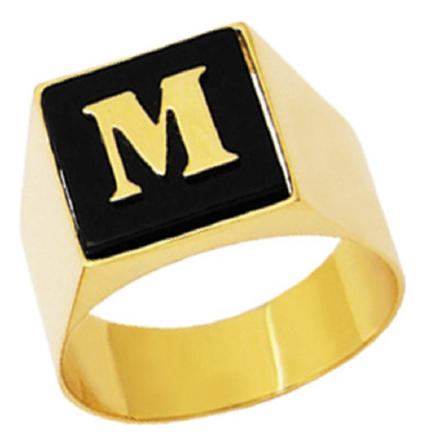 Anel Masculino Com Letra Ônix 100% Ouro 750 12x Sem Juros