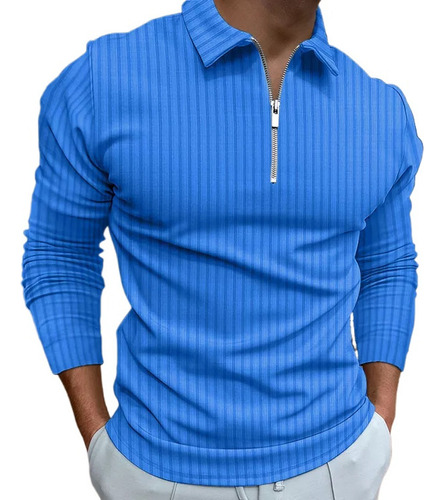 Camisa Polo Masculina Com Zíper Manga Comprida Blusa Listrad