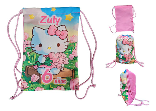 Morralito Dulcero Hello Kitty Personalizado Cumpleaños 40 Pz Rosa Pálido Hallo Kitty Tulipanes