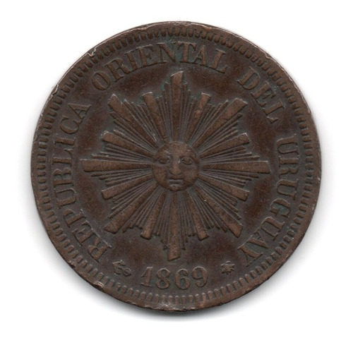 Uruguay Moneda 2 Centesimos Año 1869 A Km#12 Cobre Paris