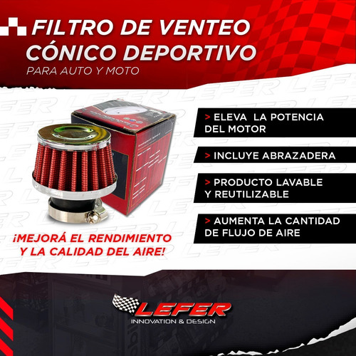 Imagen 2 de 9 de Filtro Venteo Deportivo Auto Conico De Aire Moto Rojo 25mm