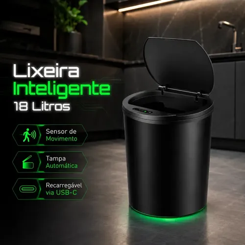 Lixeira Inteligente Sensor Automático 18 Litros Redonda Preta Tampa Touchless Recarregável USB Anti Odor Ideal para Cozinha Banheiro