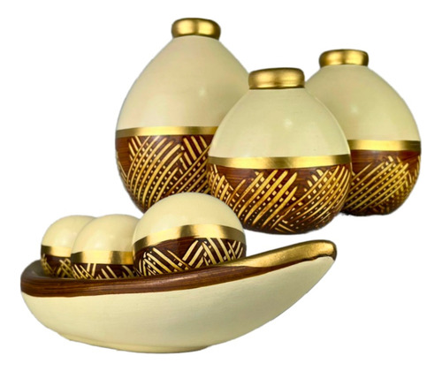 Conjunto Enfeite Ceramica Trio Vasos Centro Mesa Decorativo Cor Moringa Gelo Dourado