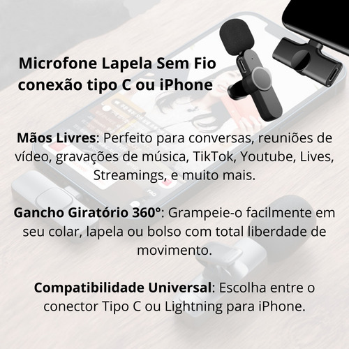 Microfone Sem Fio Duplo Lapela Bluetooth Para iPhone Android