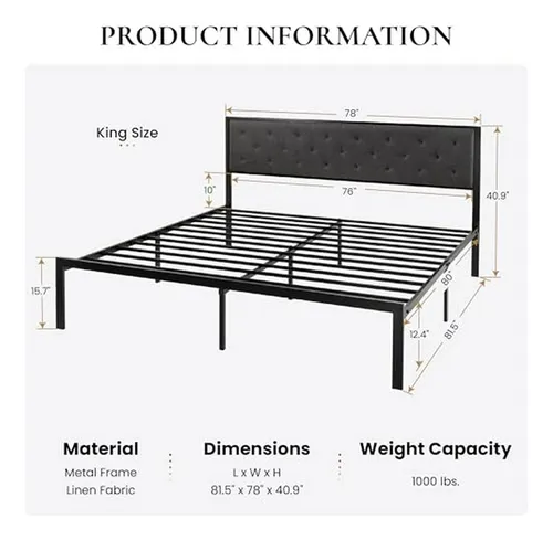 Cama King Size Metal Con Cabecera Tapizada Y Almacenaje, Gri