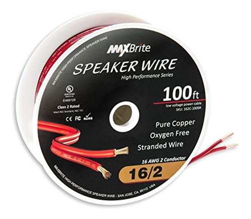 Maxbrite 16 Awg, 2conductor Cable De Altavoz, Rojo, Rojo