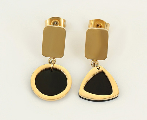 Arete Colgantes Oro 18k Lam Negro Circulo Triangulo Mujer