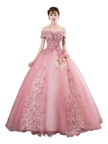 Vestido De Quinceañera Color Rosa Barato Economico Flores A