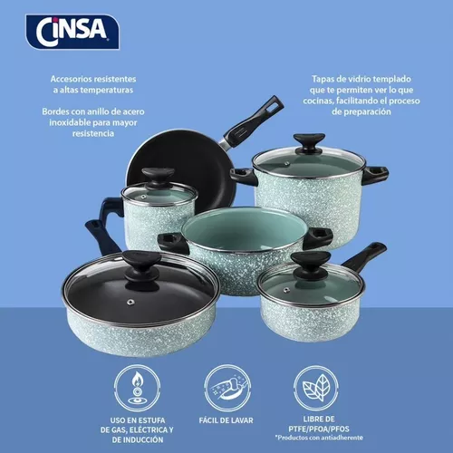 Batería de cocina Cinsa Granito Jade de acero vitrificado antiadherente  convencional 15 piezas