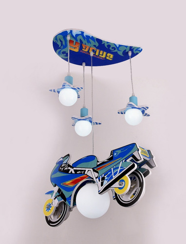 Lustre Infantil Pendente 4 Lâmpadas Moto Motocicleta Azul