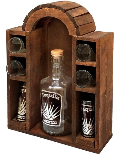 Set Licorera 750ml Y 6 Tequileros En Mini Cantina De Madera