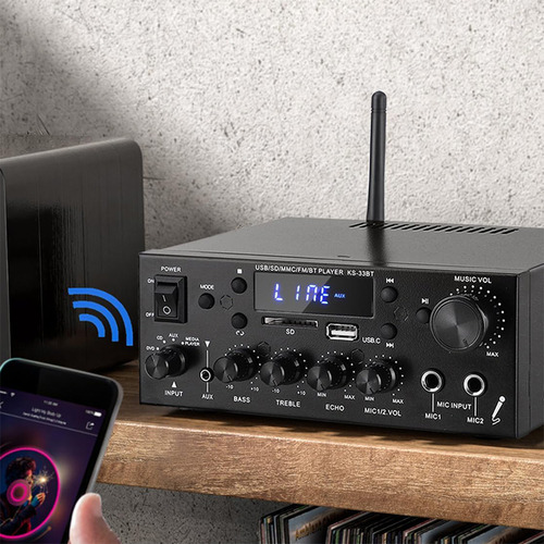 Amplificador Bluetooth Para Bocinas Audio 2 Canales Para Automóvil Y Hogar Alta Potencia Entrada Multimodo Calidad De Sonido Hifi Alta Fidelidad Con 2 Tomas De Micrófono Con Función Eco