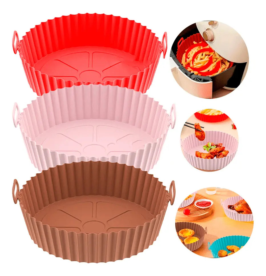 Kit 3 Assadeiras de Silicone Redondas para Air Fryer com Alça