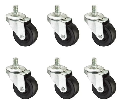 6 Ruedas Giratorias De Goma Negra 50mm Con Rosca Muebles