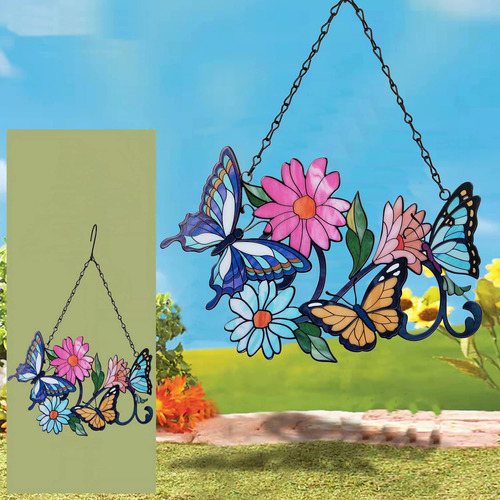 Mariposa Flor Para Colgar Ventana Metal Manchado Multicolor