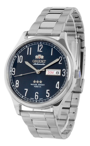 Relógio De Pulso Orient Automático F49ss012 Com Corpo Prata,  Cristal Mineral, Para Masculino, Fundo  Azul, Com Correia De Aço Cor Prateado