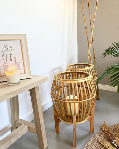Fanal Decorativo Madera Y Fibras Naturales Porta Vela Vidrio
