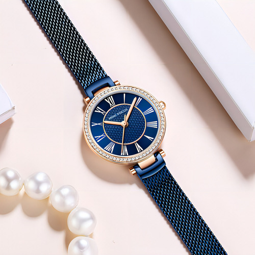 Relógios Mini Focus com cinto de malha de diamante para pulseira azul de cor M