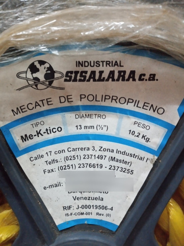 Mecate De Polipropileno Marca Sisalara 13 Mm 10,2 Kg.